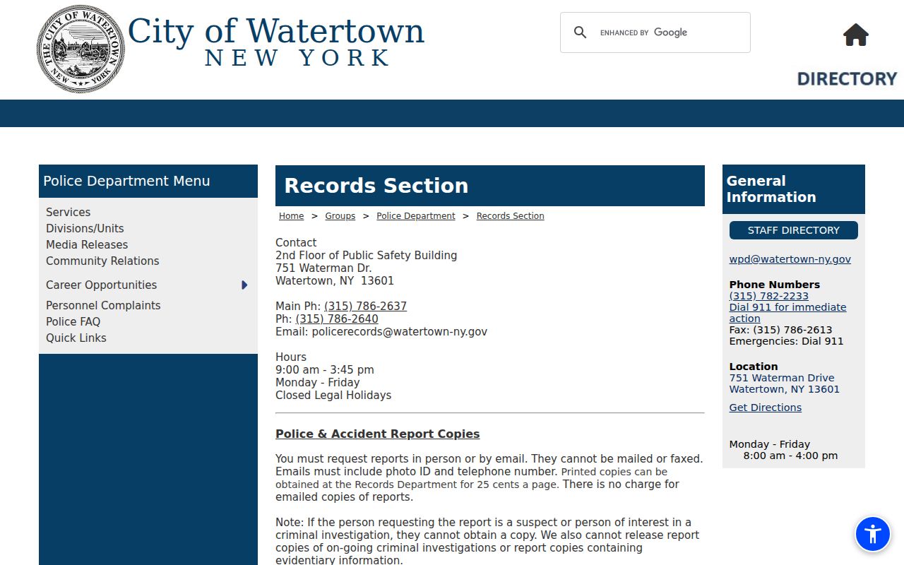 Jefferson County Watertown criminal history police records request page